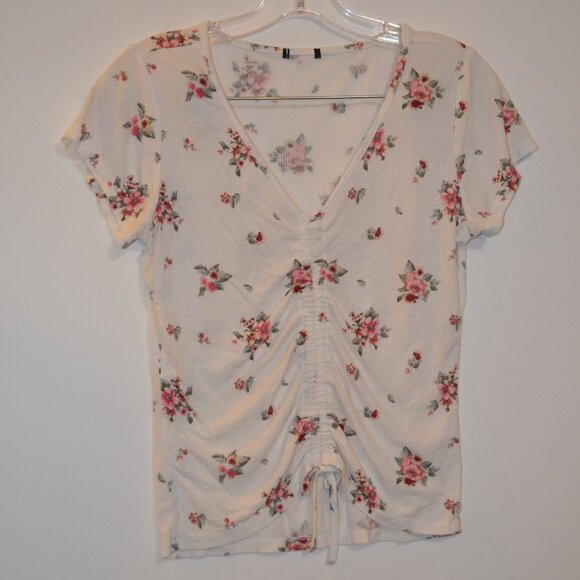 Soft Tender Corduroy Texture Fabric White Red-Green Floral V-Neck Tie-Down Top S - Picture 5 of 9